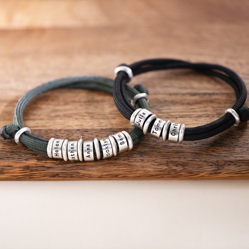 Personalized Men's Adjustable Cord Bracelet with Engraved Name Beads