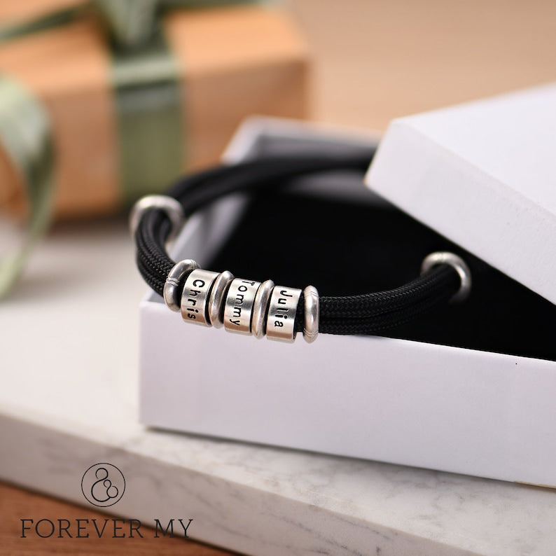 Personalized Men's Adjustable Cord Bracelet with Engraved Name Beads