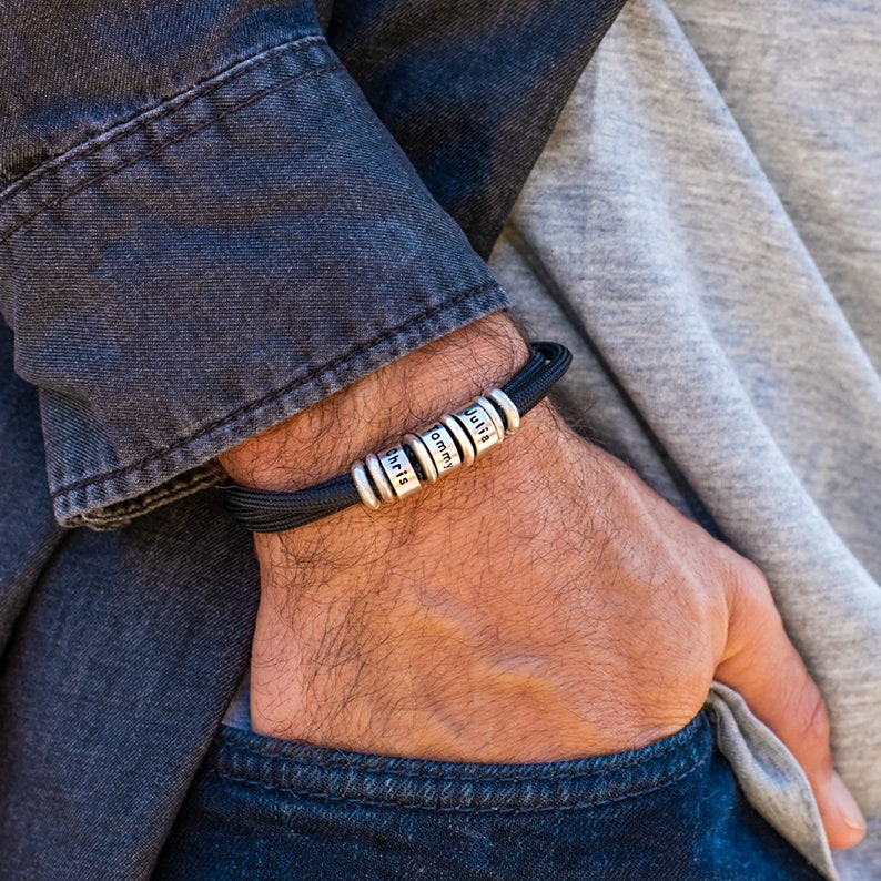 Personalized Men's Adjustable Cord Bracelet with Engraved Name Beads
