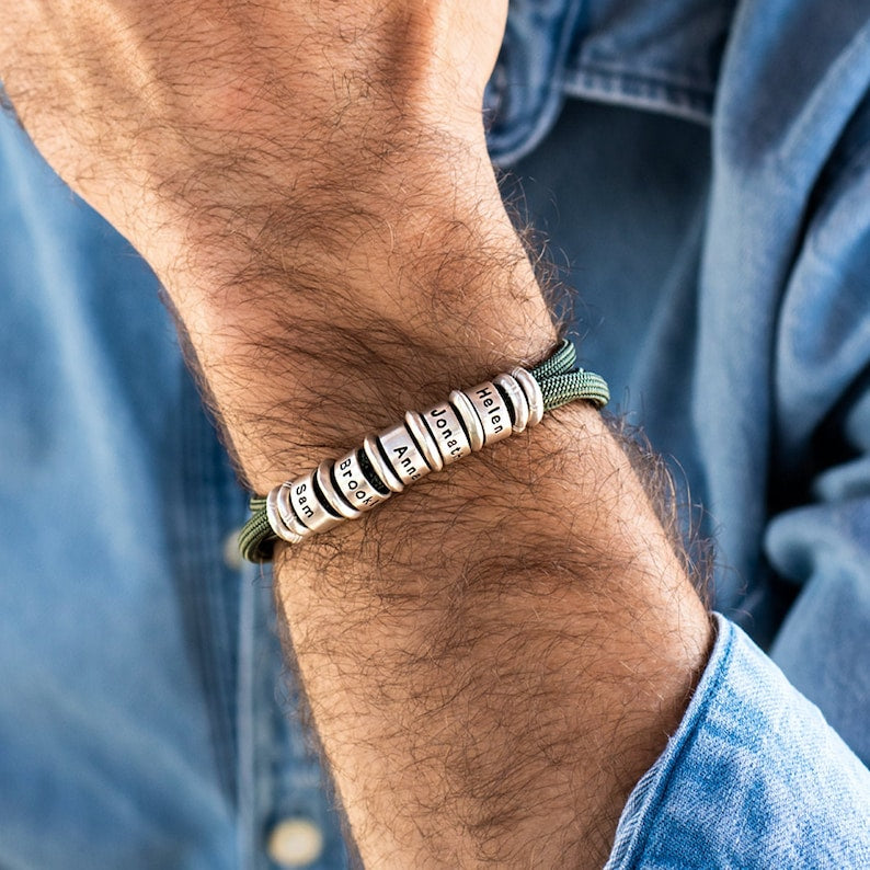 Personalized Men's Adjustable Cord Bracelet with Engraved Name Beads