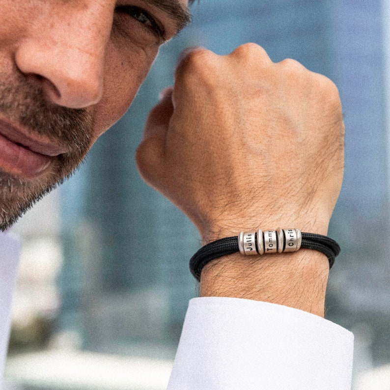 Personalized Men's Adjustable Cord Bracelet with Engraved Name Beads