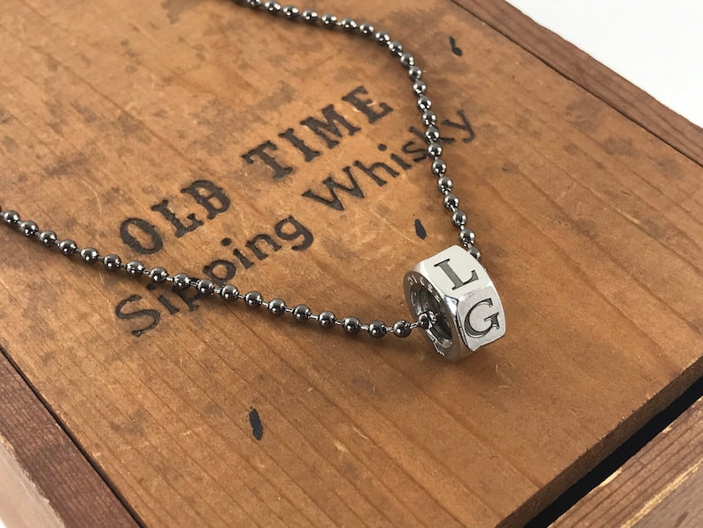 Industrial Nut Custom Pendant - Circle Bead Necklace - 6 Side Engraved