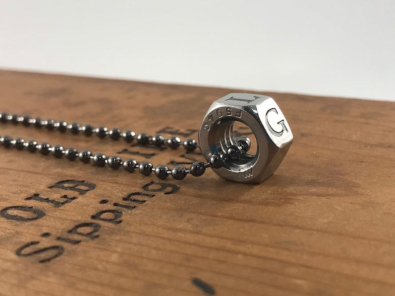 Industrial Nut Custom Pendant - Circle Bead Necklace - 6 Side Engraved
