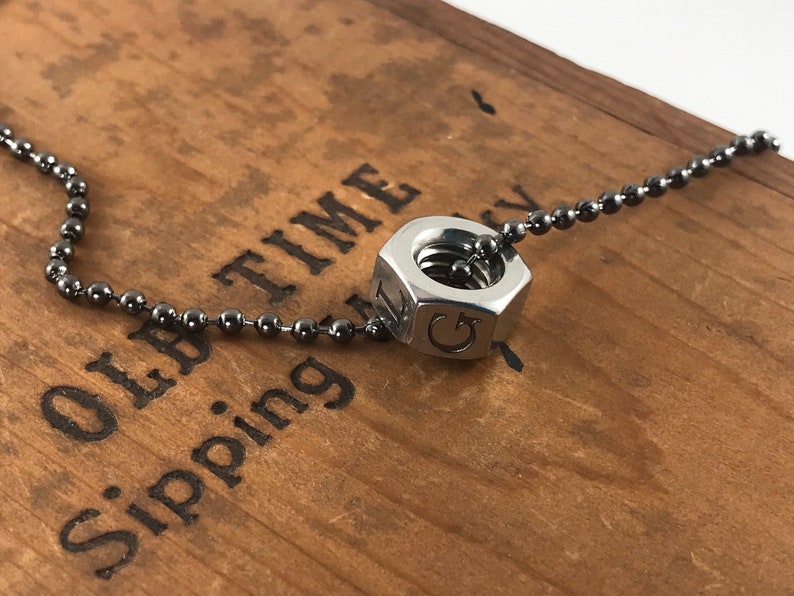Industrial Nut Custom Pendant - Circle Bead Necklace - 6 Side Engraved
