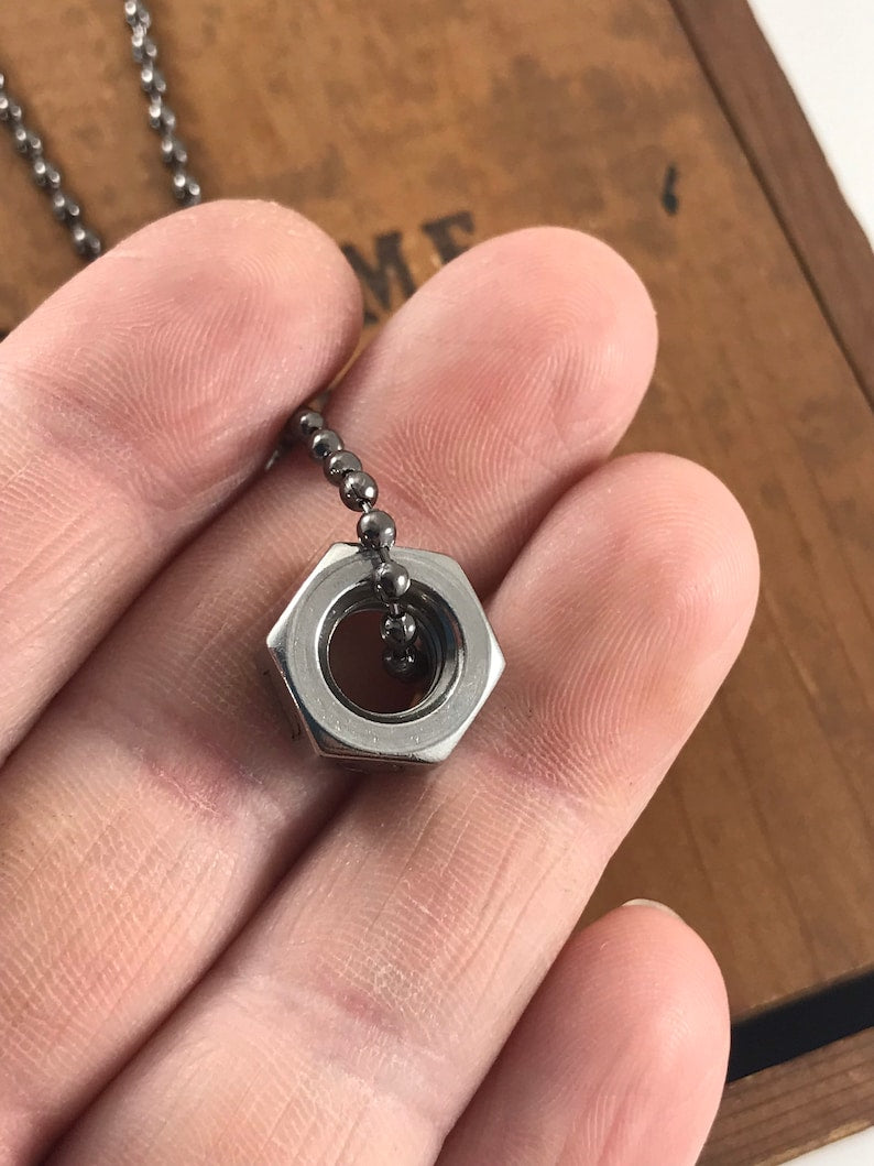 Industrial Nut Custom Pendant - Circle Bead Necklace - 6 Side Engraved