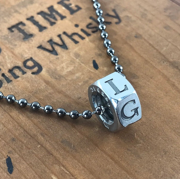 Industrial Nut Custom Pendant - Circle Bead Necklace - 6 Side Engraved