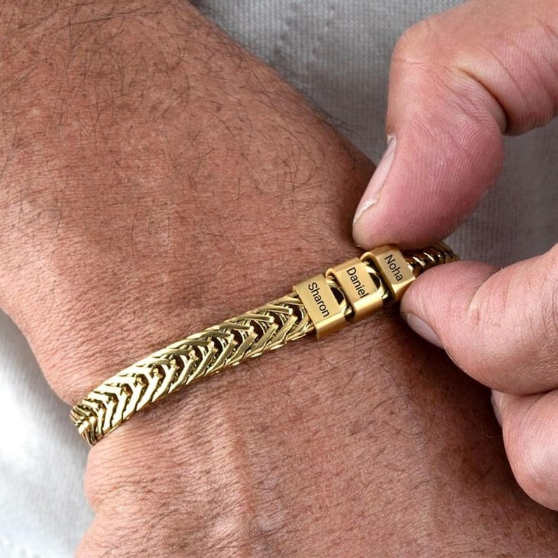 Gold Men Bracelet for Dad with Kids Names