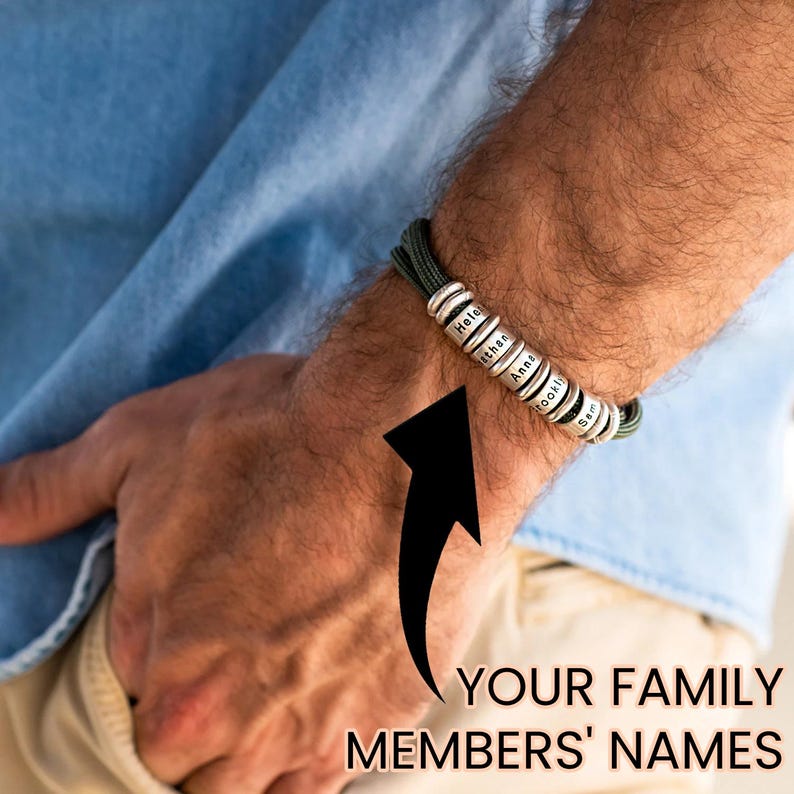 Personalized Men's Adjustable Cord Bracelet with Engraved Name Beads