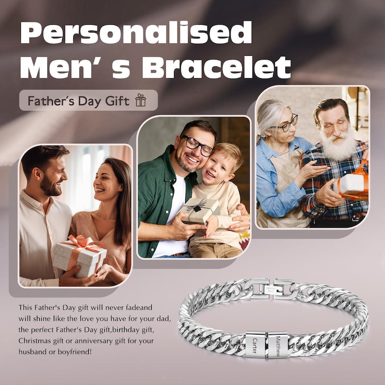 Personalized Silver Bracelet For Dad With Kids Name,Custom Daddy Bracelet