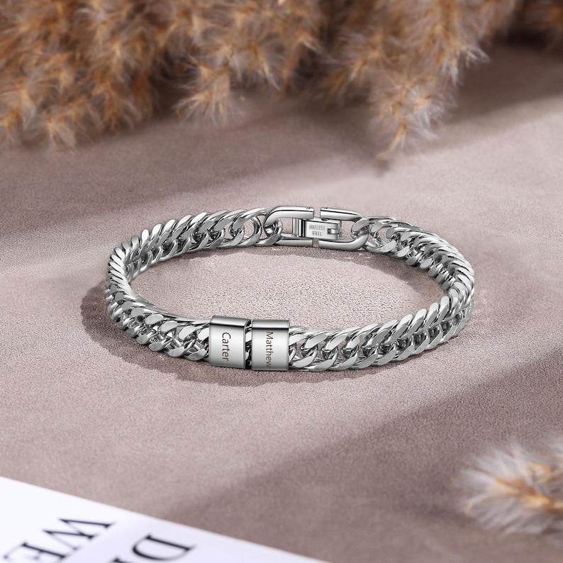 Personalized Silver Bracelet For Dad With Kids Name,Custom Daddy Bracelet