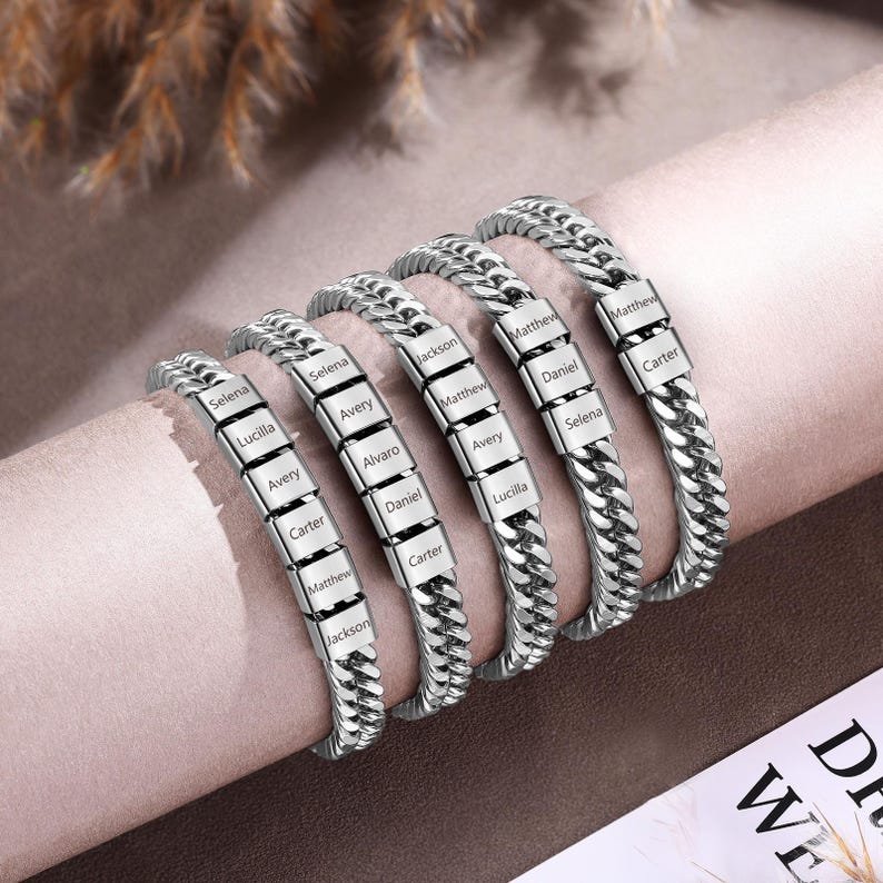 Personalized Silver Bracelet For Dad With Kids Name,Custom Daddy Bracelet