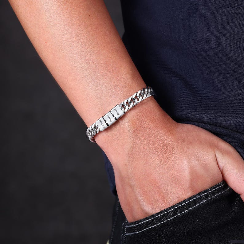 Personalized Silver Bracelet For Dad With Kids Name,Custom Daddy Bracelet