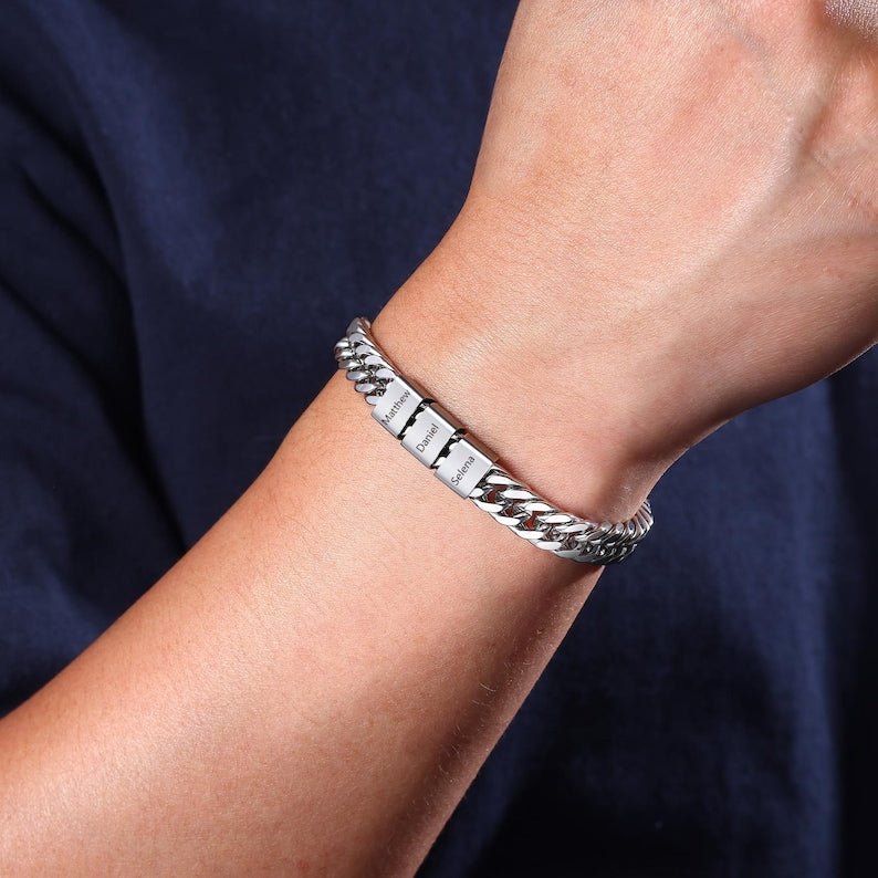 Personalized Silver Bracelet For Dad With Kids Name,Custom Daddy Bracelet